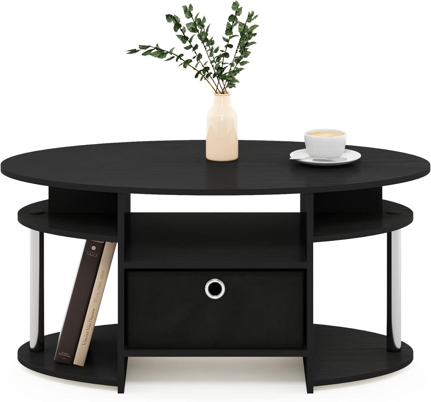 Furinno JAYA Simple Design Oval Coffee Table with Bin, Americano, Stainless Steel Tubes