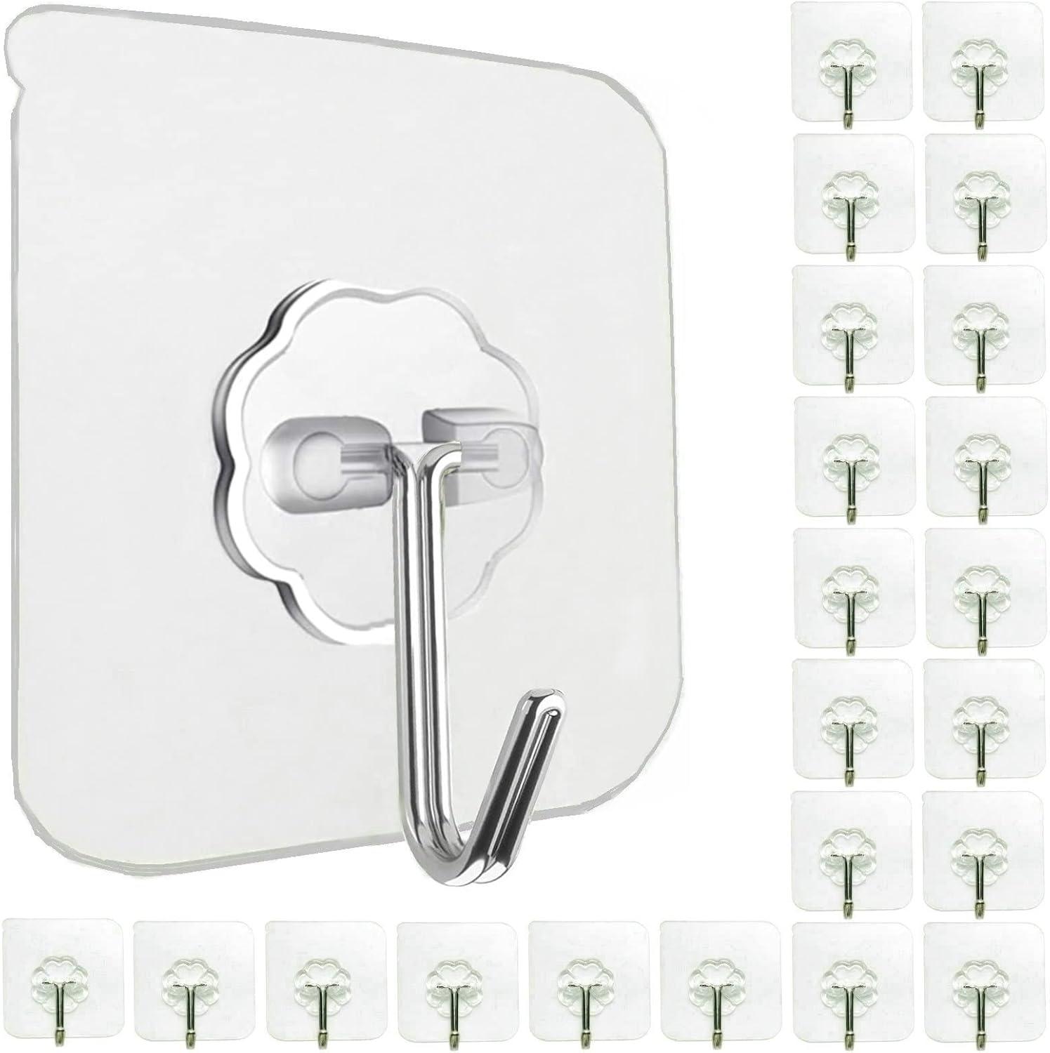 24 Pack Wall Hooks for Hanging 33lb(Max) Heavy Duty Self Adhesive Hooks Transparent Waterproof Sticky Hooks for Keys Bathroom Shower Outdoor Kitchen