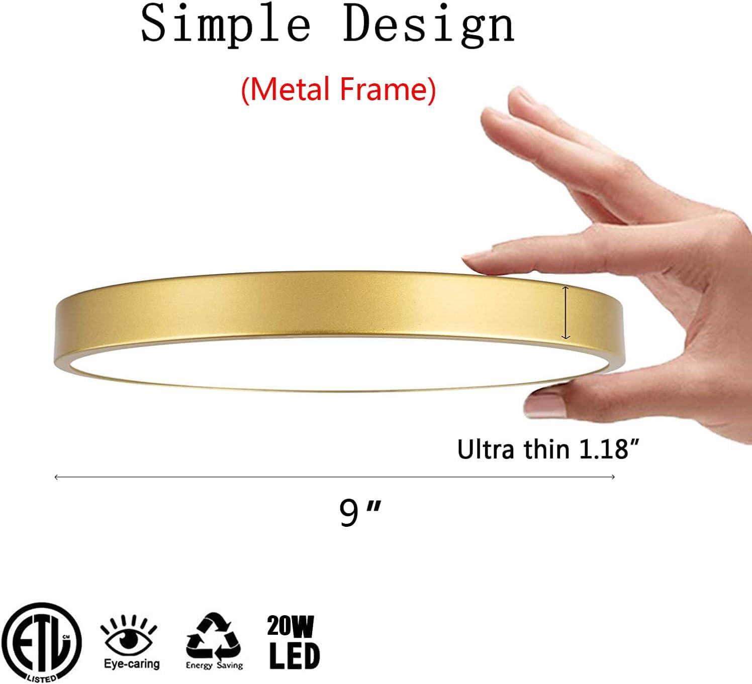 Brushed Gold 9 Inch Flush Mount Ceiling Light, 3000K-5000K Dimmable, 20W Low Profile Metal LED Ceiling Light, Round Flat Pane Surface Mount Lighting Fixture