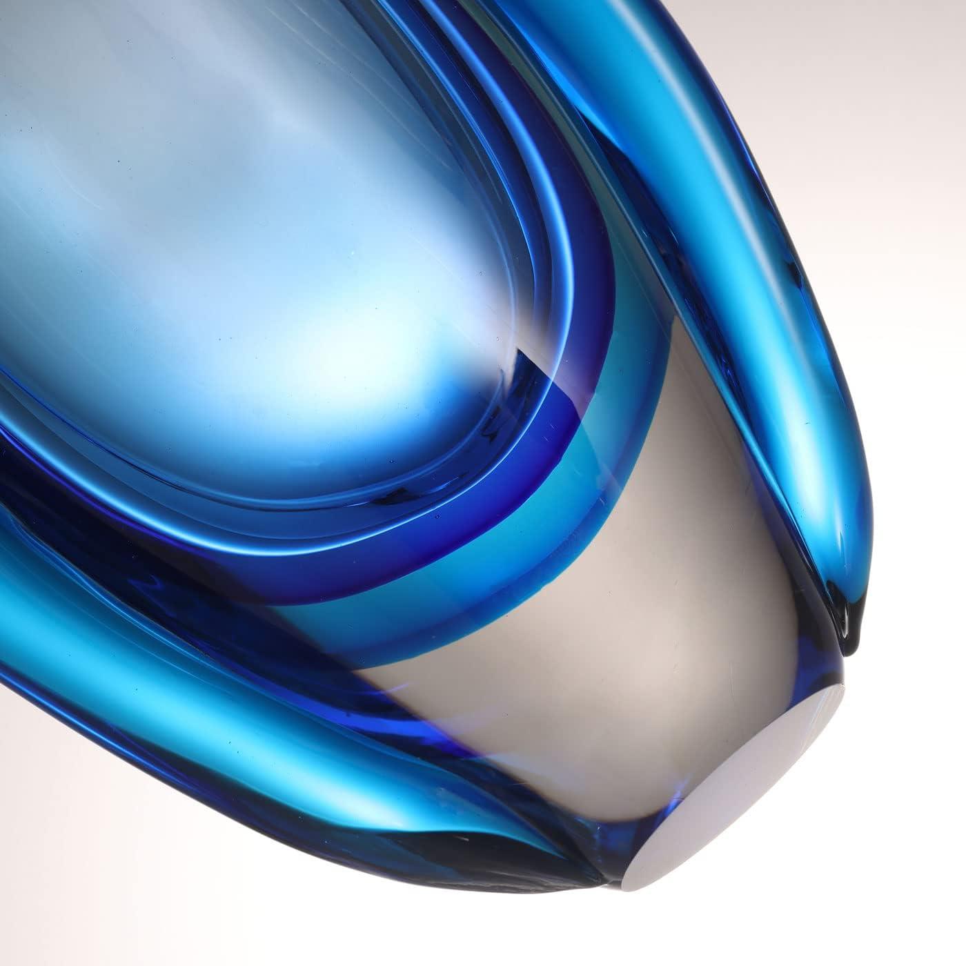Luxury Lane Hand Blown Sommerso Oval Art Glass Vase Blue 10"H