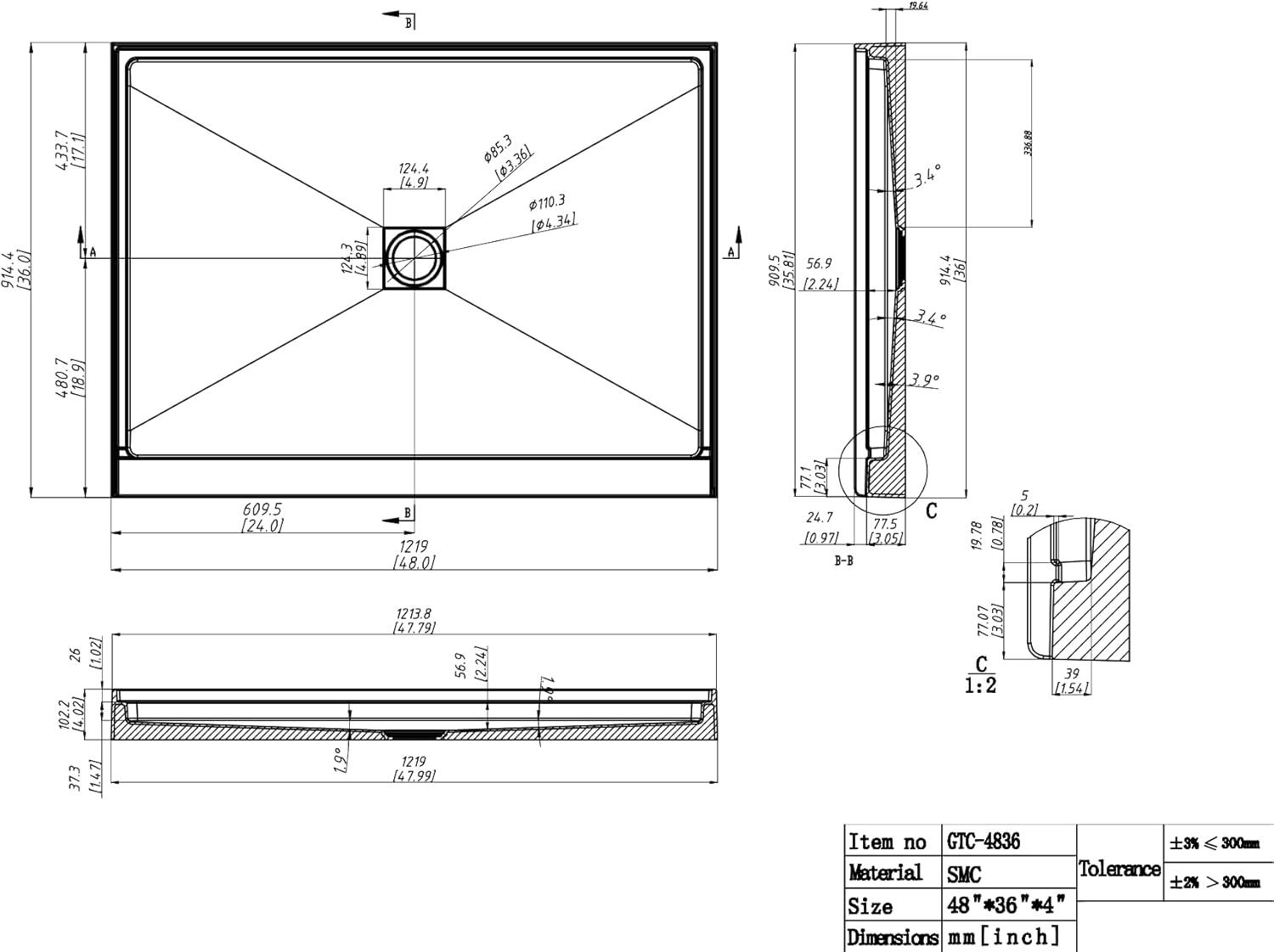 48'' W 32'' D Rectangular Single Shower Base