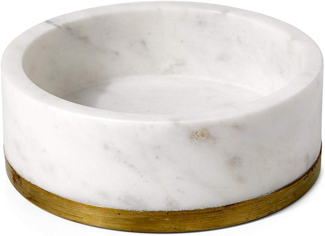 White Marble and Brass Decorative Bowl, 6" Diameter