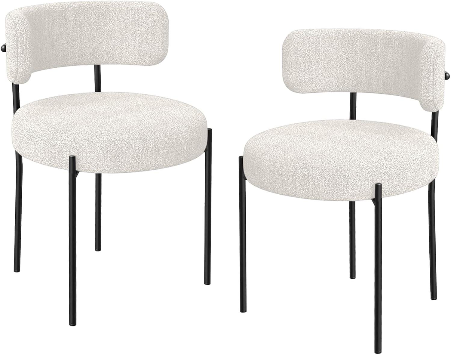 Set of 2 White Boucle Upholstered Dining Chairs with Metal Legs