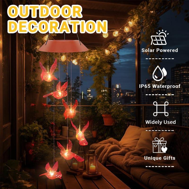 Solar-Powered Red Bird Wind Chimes with LED Lights