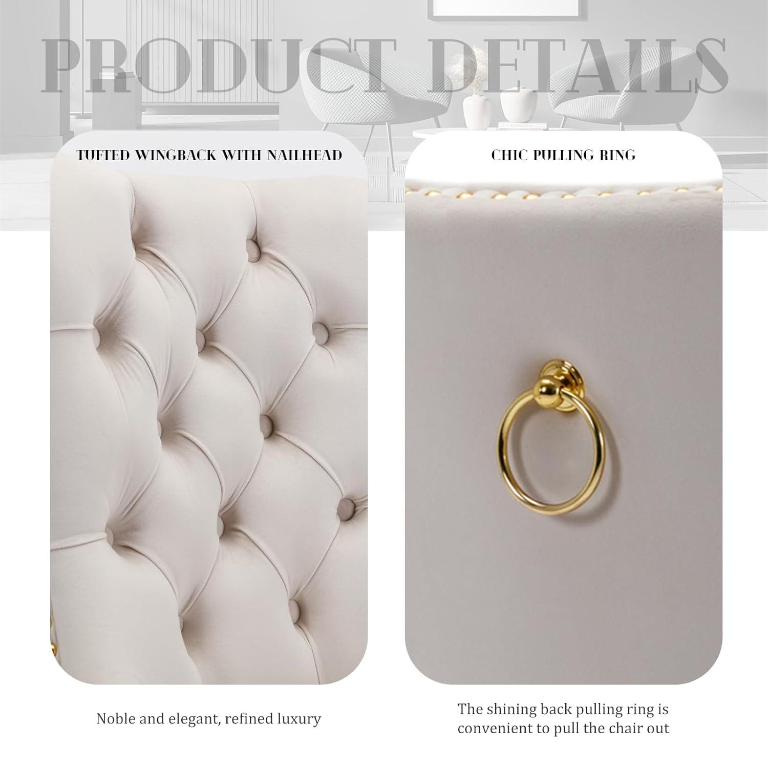 SoarFlash Velvet Dining Chair Set of 4, Upholstered Tufted Dining Room Chair with Nailhead Trim, Solid Gold Plated Leg for Kitchen (Beige)