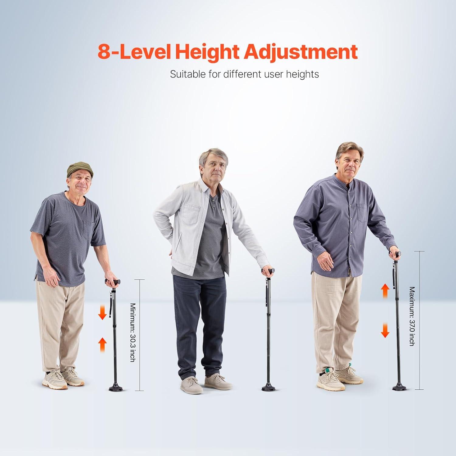 VEVOR Walking Cane for Man Woman, Folding Walking Stick with 8-Level Adjustable Height, 4-Pronged Pivoting Base, Lightweight & Portable Aluminum Mobility Aid for Seniors Adults, 250LBS Loading(Black)