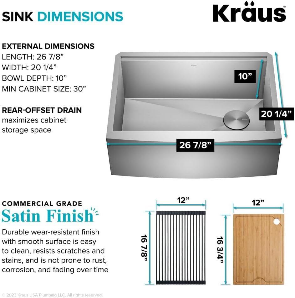 KRAUS Kore™ 27" L Farmhouse Apron Front Workstation 16 Gauge Stainless Steel Single Bowl Kitchen Sink with Accessories