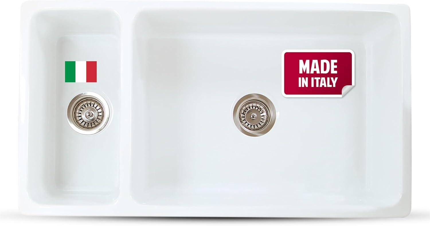 White Farmhouse Sink – 36" Farm Kitchen Sink with Apron, Fireclay, Made in Italy – Double Bowl, Sturdy, Reversible, Undermount, Scratch Resistant, Easy to Clean HP-FC9010-W