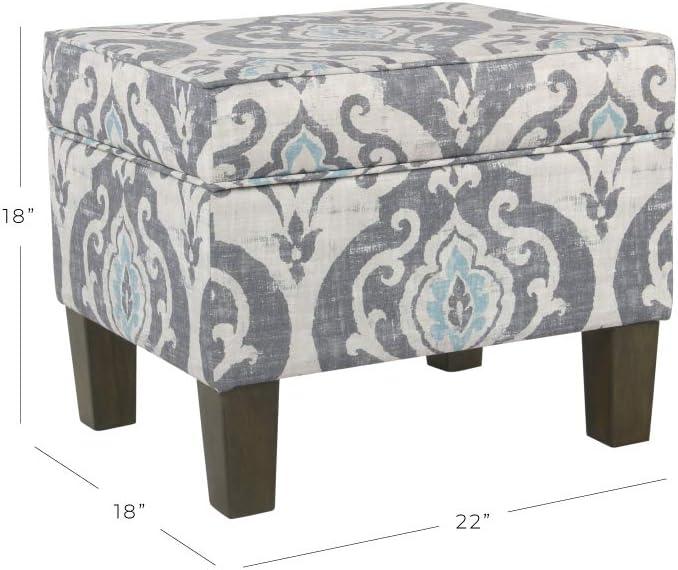 Medium Storage Ottoman Gray/Blue - HomePop: Upholstered Rectangular Footstool with Damask Pattern, Plywood & Hardwood Frame