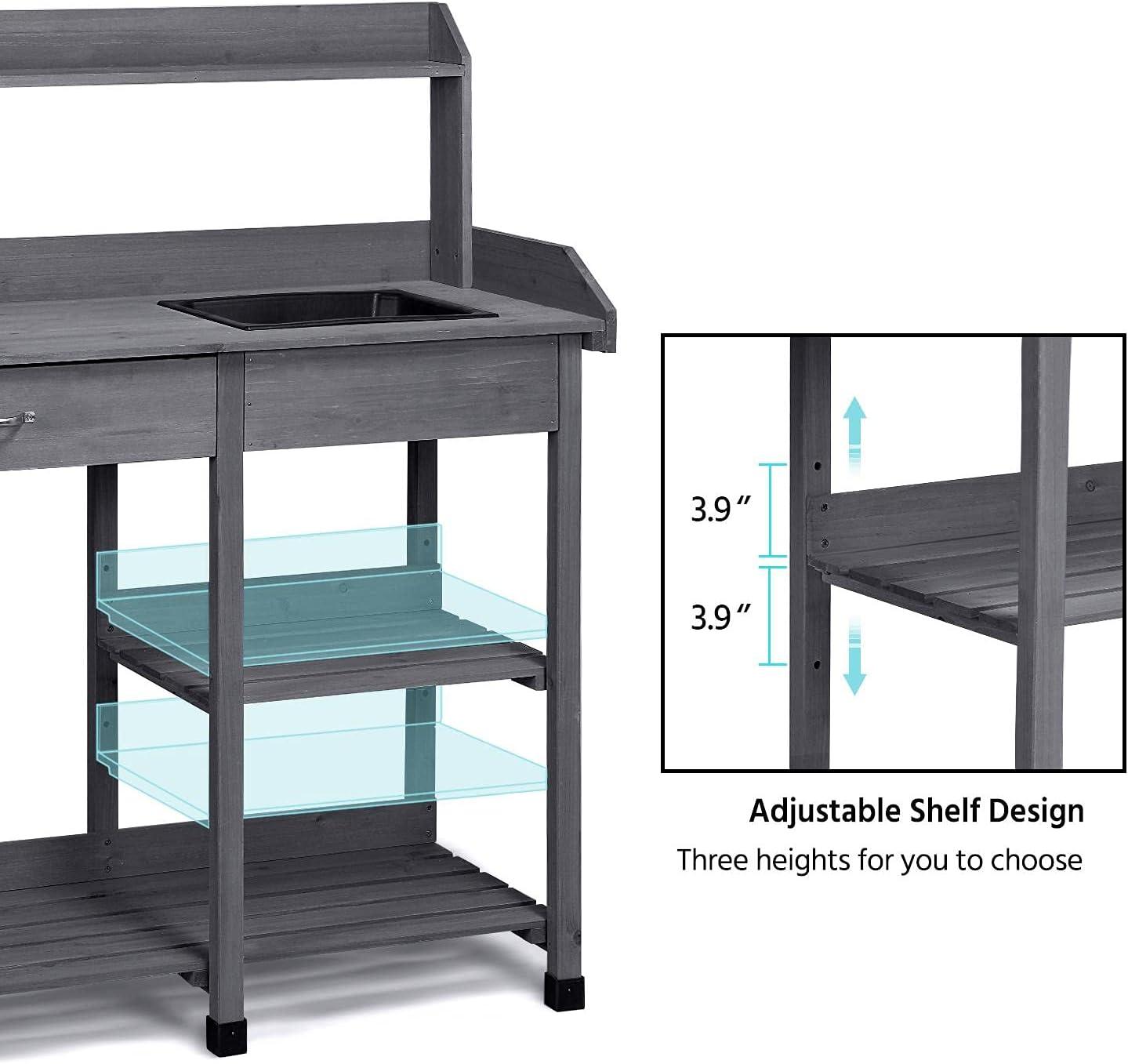 Outdoor Potting Bench Table Potters Benches Garden Workstation for Horticulture with Drawer/Adjustable Shelf Rack/Removable Sink/Hooks/Pads, Gray