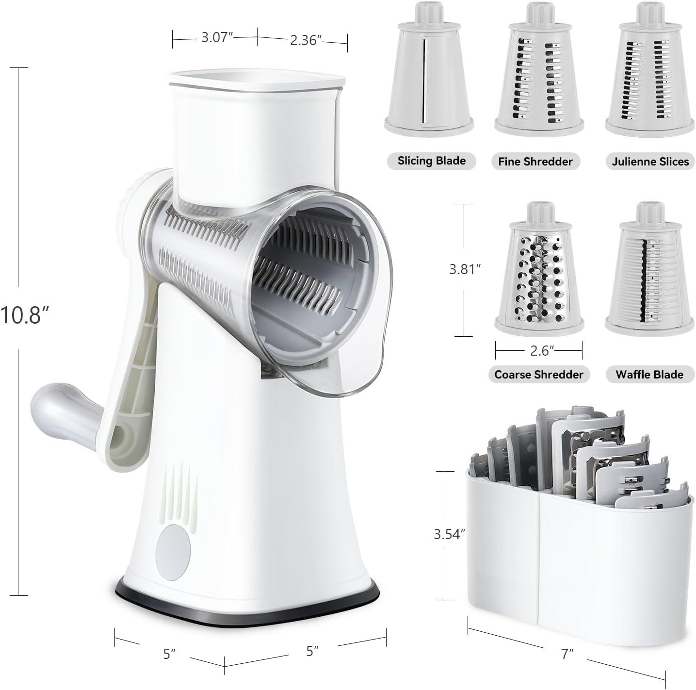 5-in-1 Rotary Cheese Grater with Handle, Cheese Shredder for Kitchen, Equipped with 5 Drum Blades and Powerful Suction Base, Cheese Grater Hand Crank, Easy to Clean, White