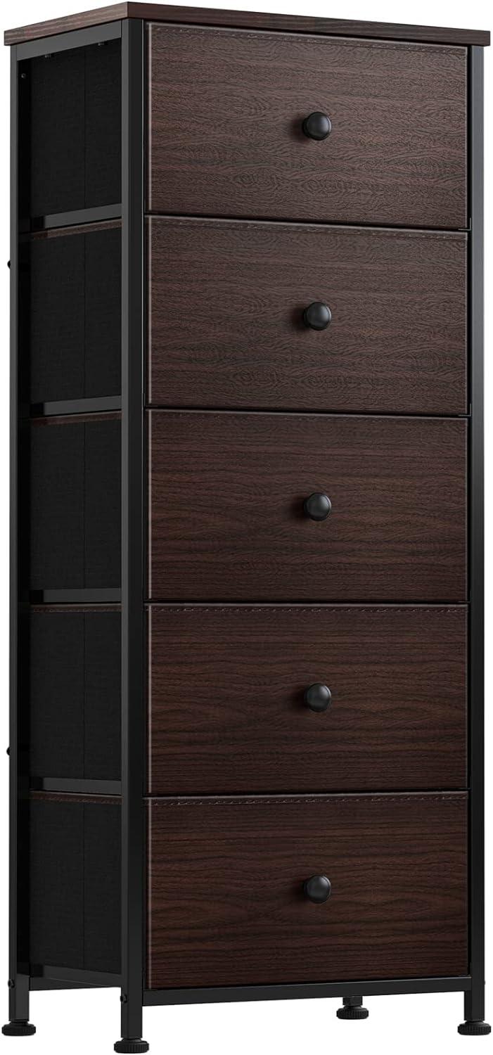 GUNAITO Dressers for Bedroom 5 Drawers Tall Dresser for Bedroom Faux Leather Chest of Drawers Wooden Top Fabric Drawer Rustic Brown RZP5R1