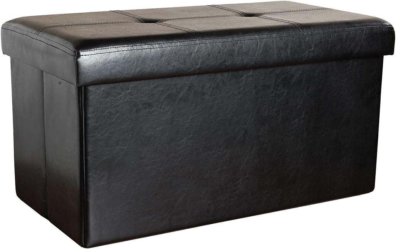 Black Faux Leather Collapsible Storage Ottoman with Tufted Top