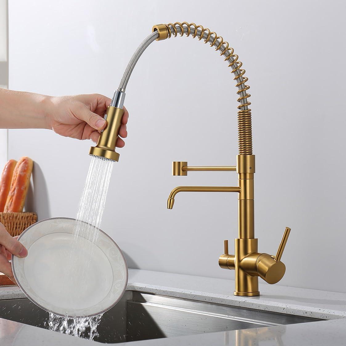 Brushed Gold Commercial Pull-Down Kitchen Faucet with Spray