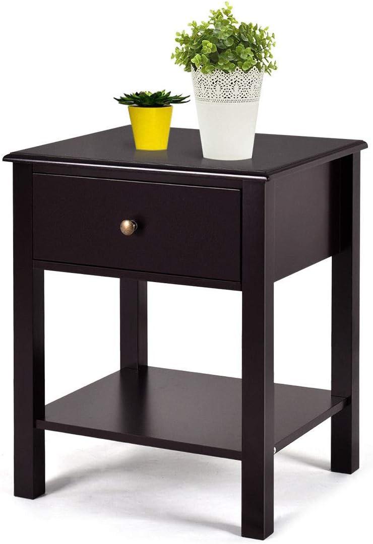 Tangkula End Table Nightstand w/Drawer & Shelf Bedroom Living Room Furniture Brown
