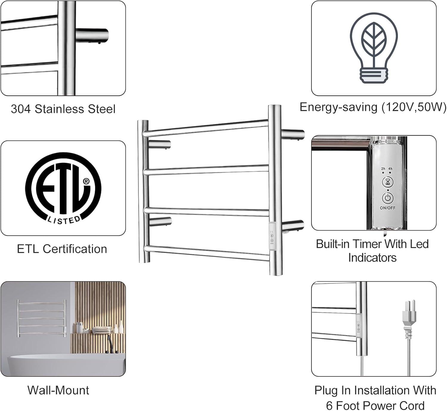 Stainless Steel Wall Mounted Heated Towel Rack with Timer