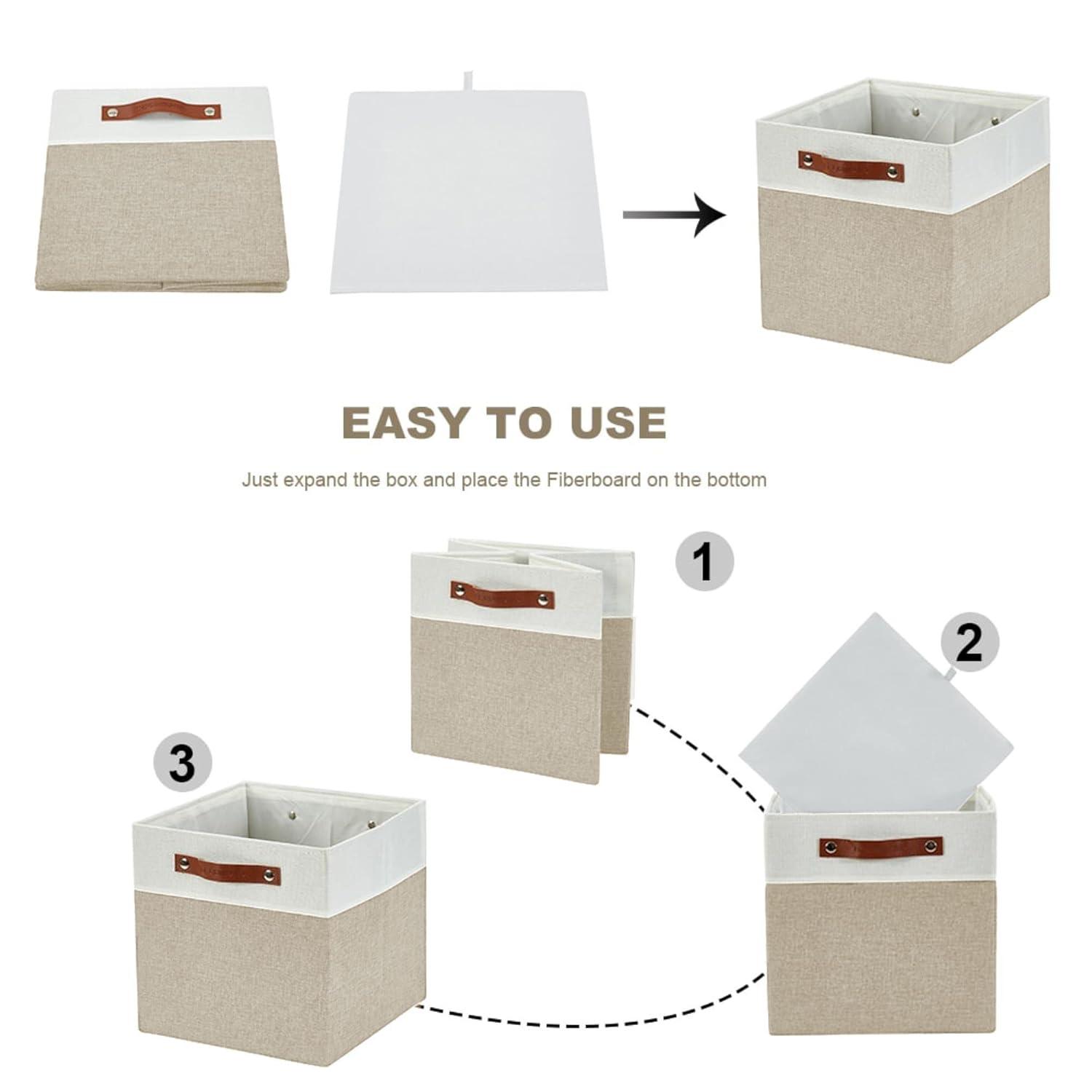 DECOMOMO Fabric Cube Storage Bins - Storage Baskets for Shelves, Cube Storage Organizer for Kallax and Cubbies (Beige & White, 11 inch Cube) - 4 Pack