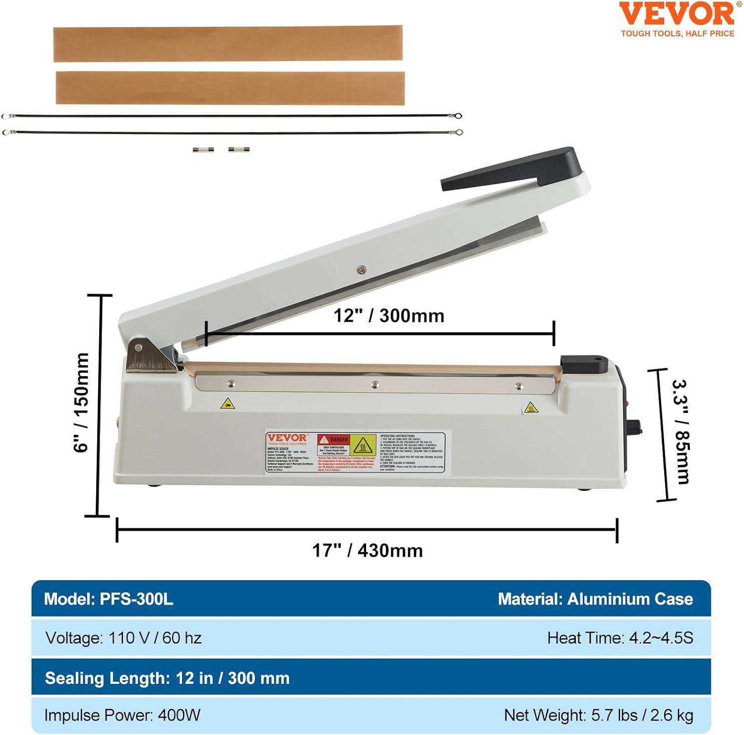 VEVOR VEVOR 12" Aluminum Hand Impulse Heat Sealer Machine Poly Plastic Bags Sealing