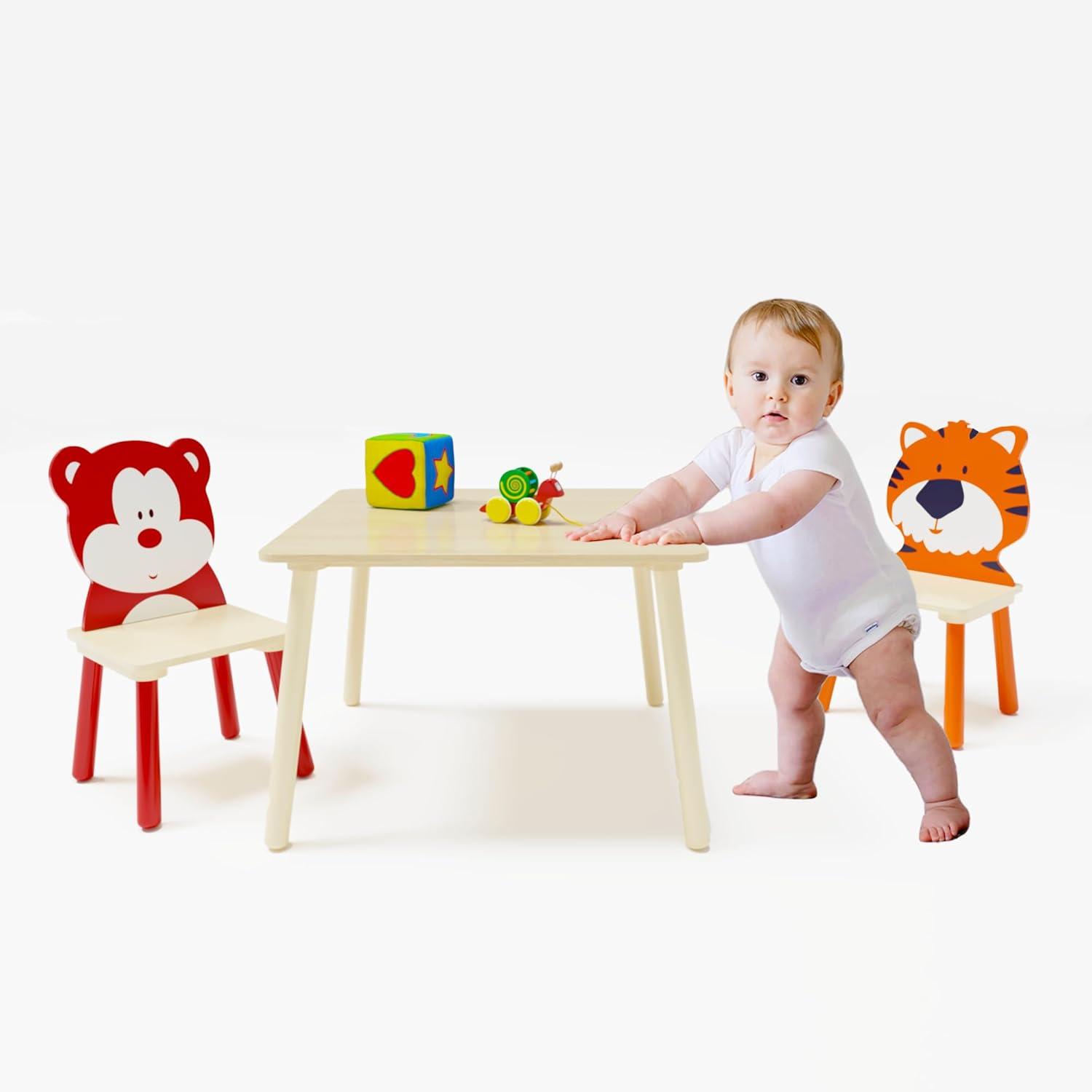PAPROOS Kids Table and 2 Chairs Set, 3 Pieces Wood Activity Table Drawing Play Table and Animals Chairs Set, Adorable Study Desk Table Chairs Set for Toddler