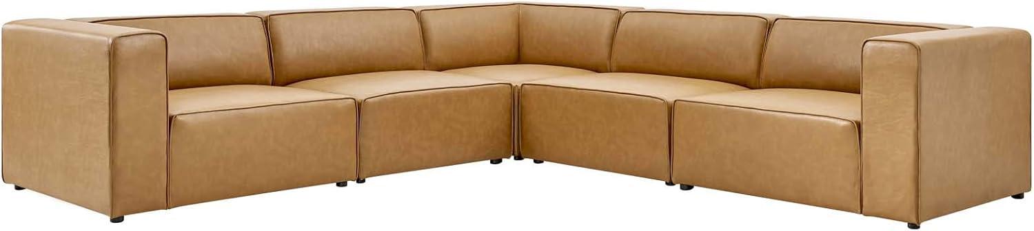 Tan Faux Leather 5-Piece Sectional Sofa with Check Pattern