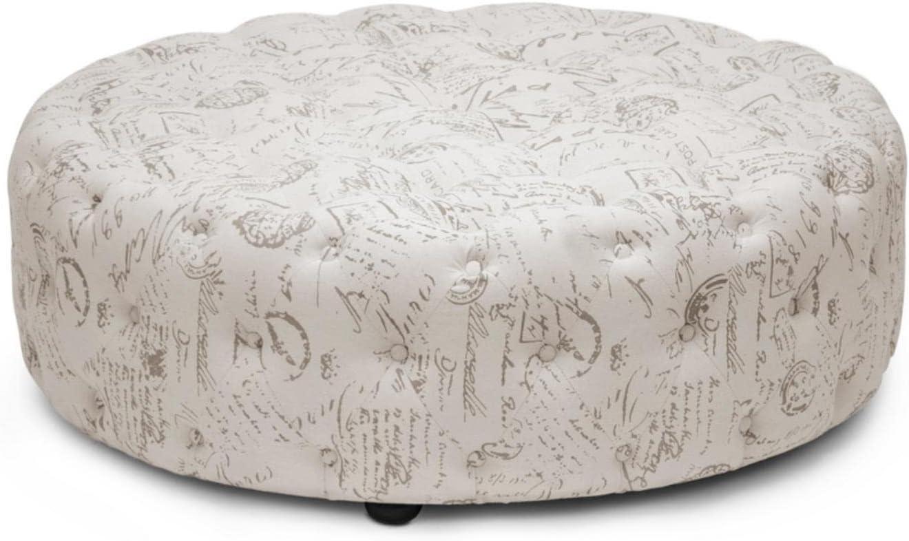 Cardiff Script Print Modern Tufted Ottoman - Baxton Studio: Circular, Linen Upholstery, Wood Legs