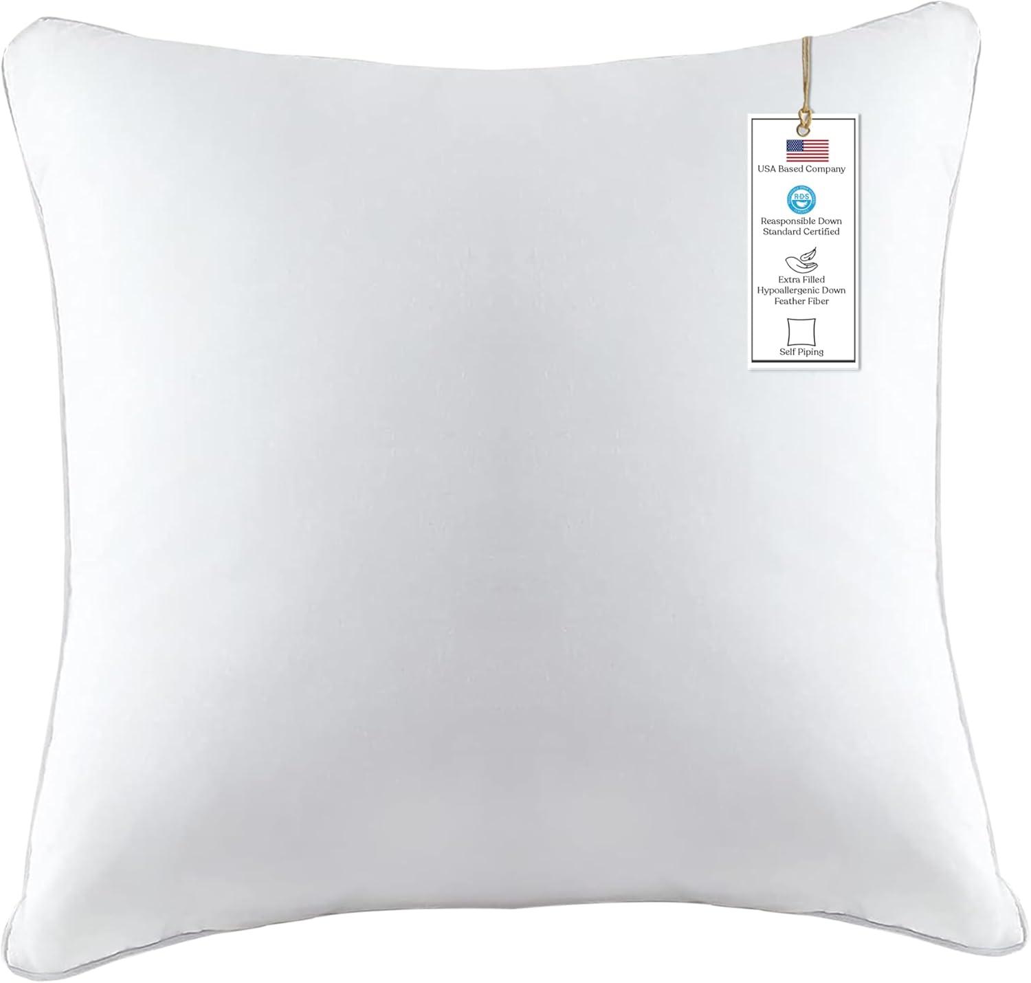 White 20x20 Inch Down Feather Throw Pillow Insert