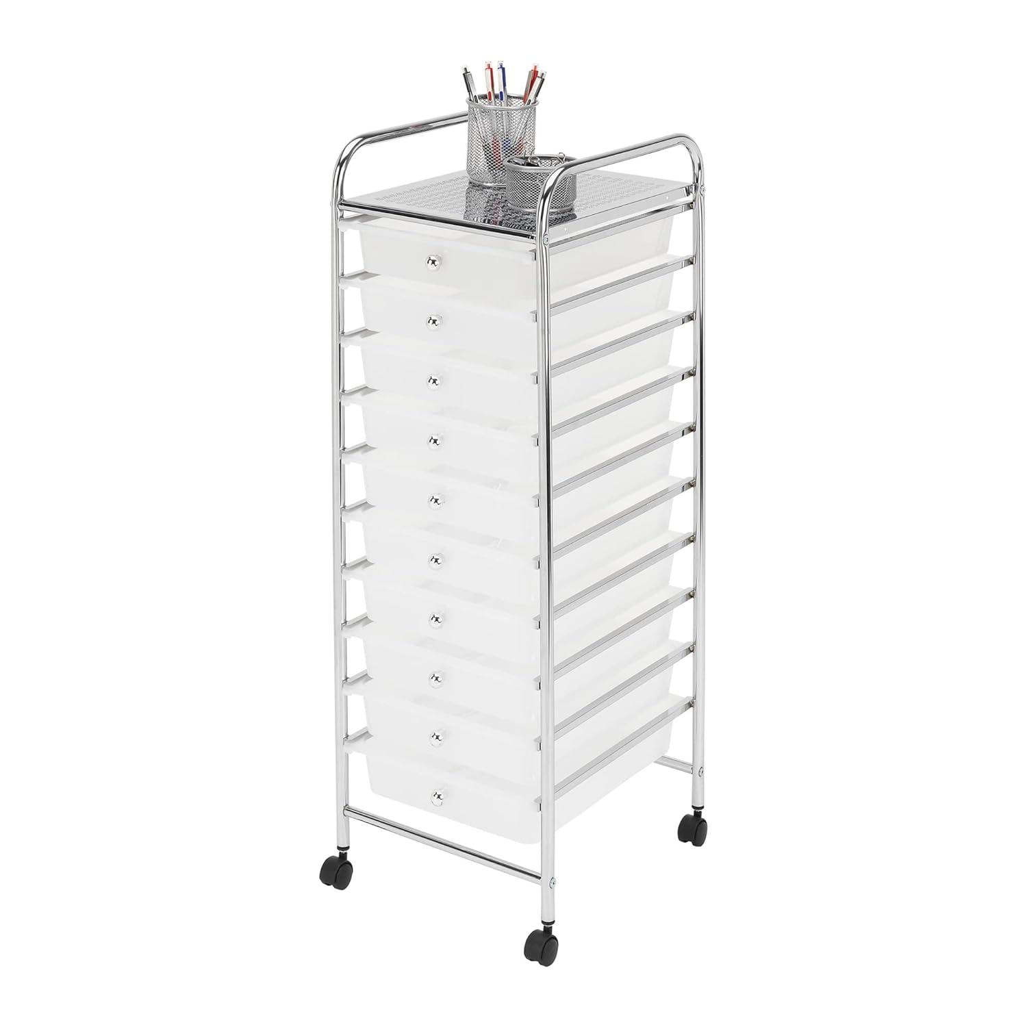 saney Storage Cart W/10 Drawers,Rolling Wheels Semi-Transparent Multipurpose Mobile Cart for School, Office, Home, Beauty Salon Files Arrangement Storage Organizer Cart (Clear)