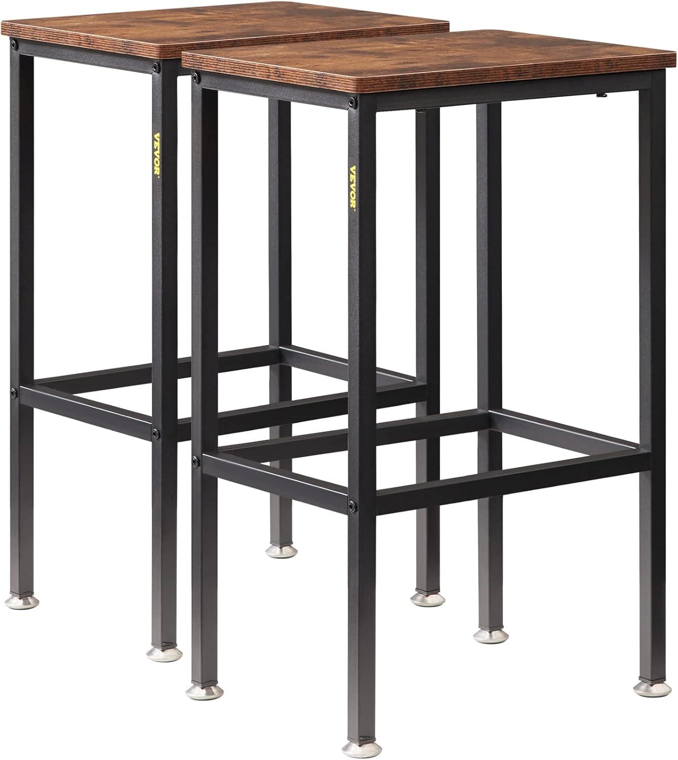 VEVOR Rustic Bar Stools, 25.6” Tall Rectangle Seat, Set of 2 Bar Chairs with Footrest Steel Frame Adjustable Feet, Wooden Industrial Kitchen Stool for Kitchen Dining Living Room, Rustic Brown