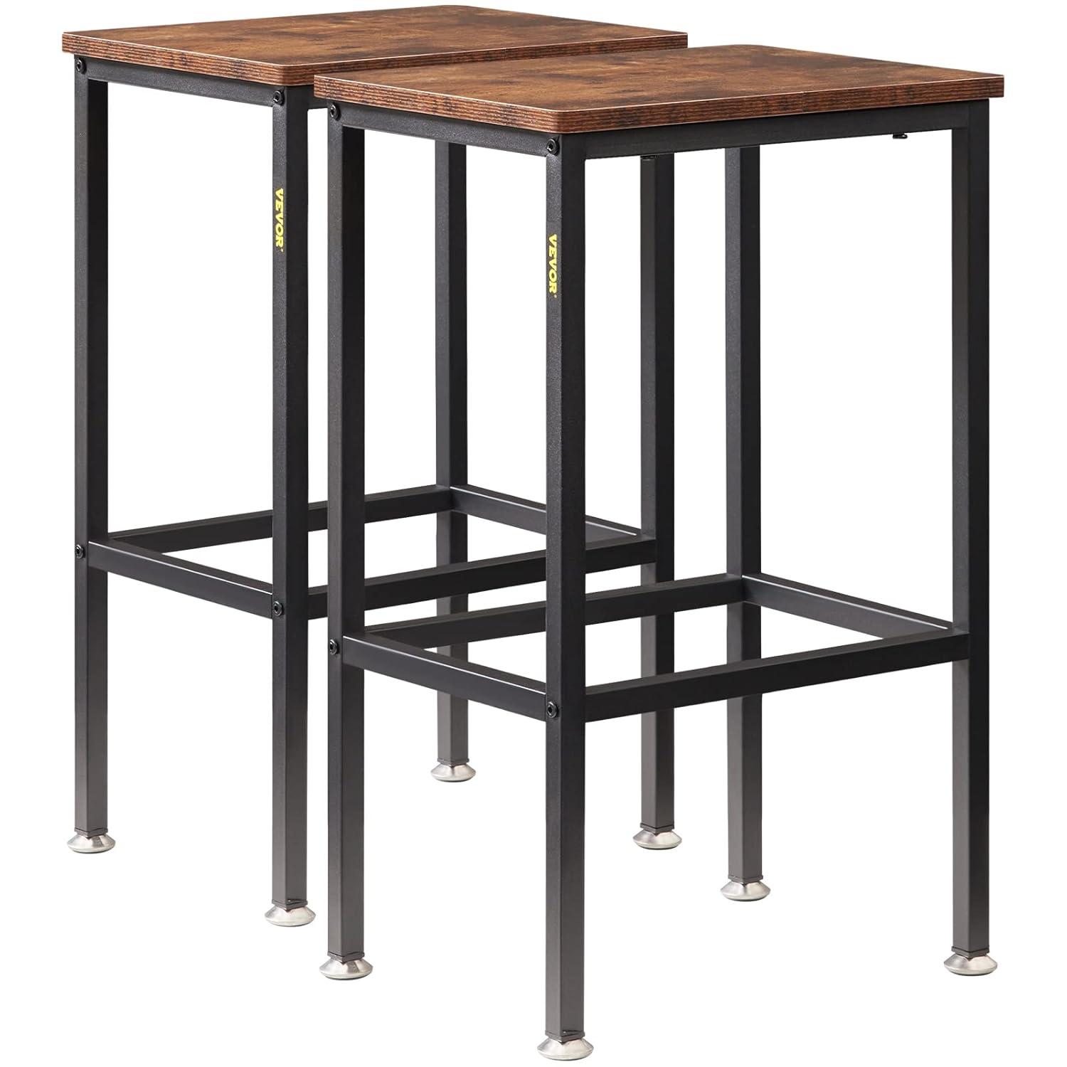 VEVOR Rustic Bar Stools, 25.6” Tall Rectangle Seat, Set of 2 Bar Chairs with Footrest Steel Frame Adjustable Feet, Wooden Industrial Kitchen Stool for Kitchen Dining Living Room, Rustic Brown