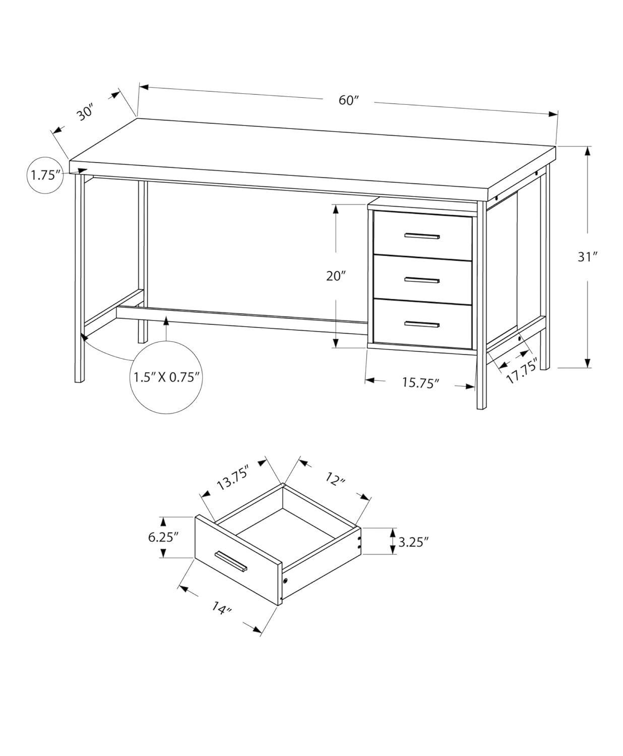 MONARCH - COMPUTER DESK - 60"L / WHITE / SILVER METAL