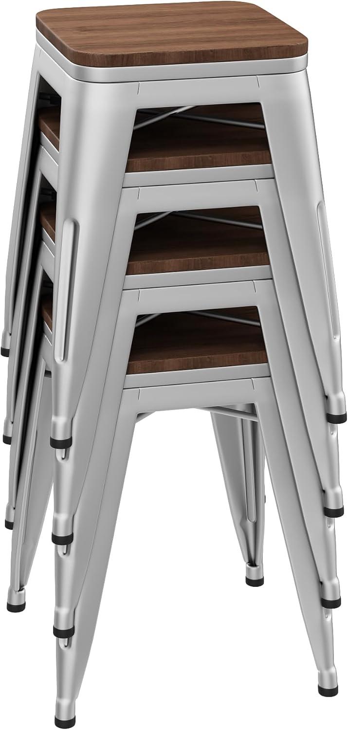 Flash Furniture 18" Backless Table Height Stool with Wooden Seat, Stackable Silver Metal Indoor Dining Stool, Commercial Grade - Set of 4
