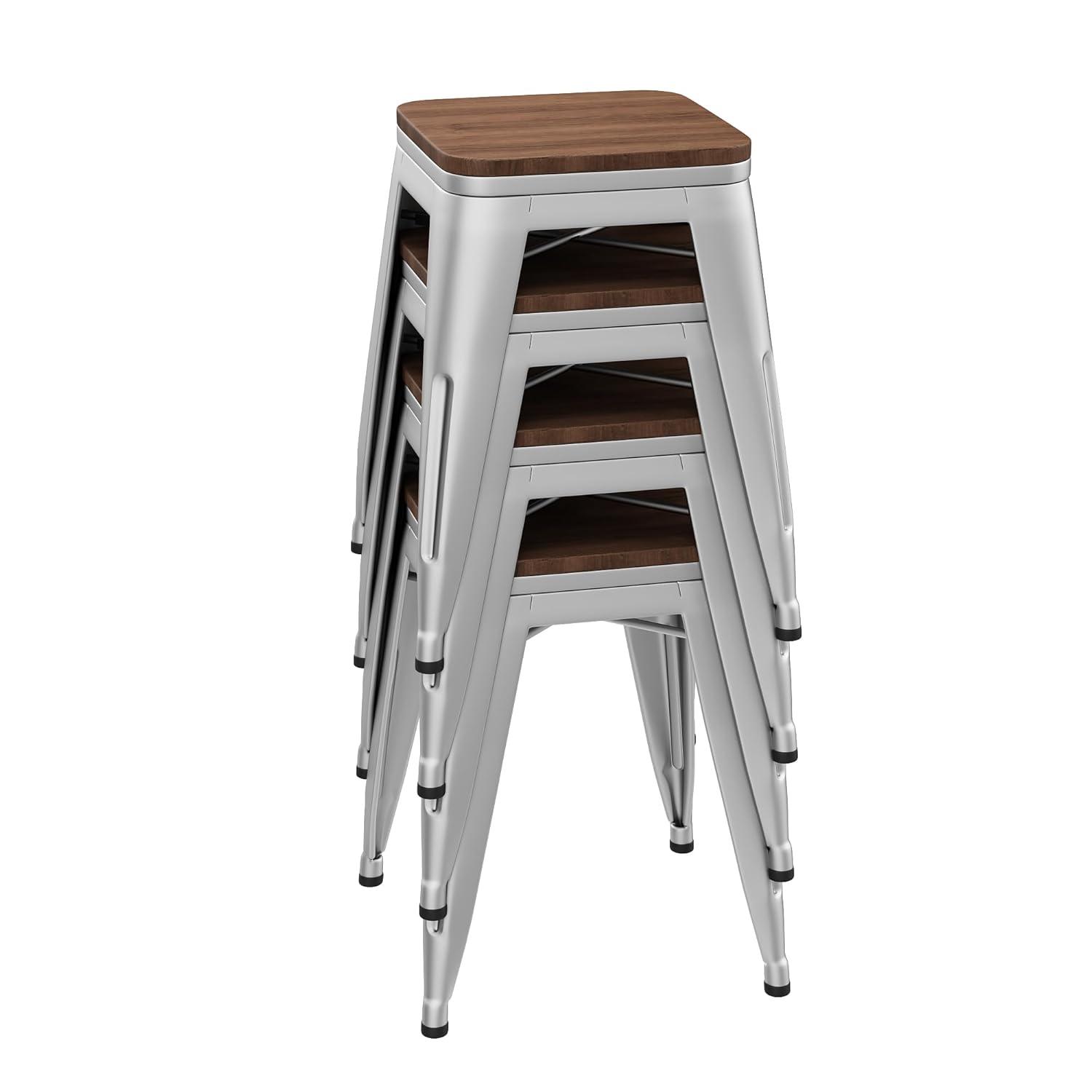 Flash Furniture 18" Backless Table Height Stool with Wooden Seat, Stackable Silver Metal Indoor Dining Stool, Commercial Grade - Set of 4