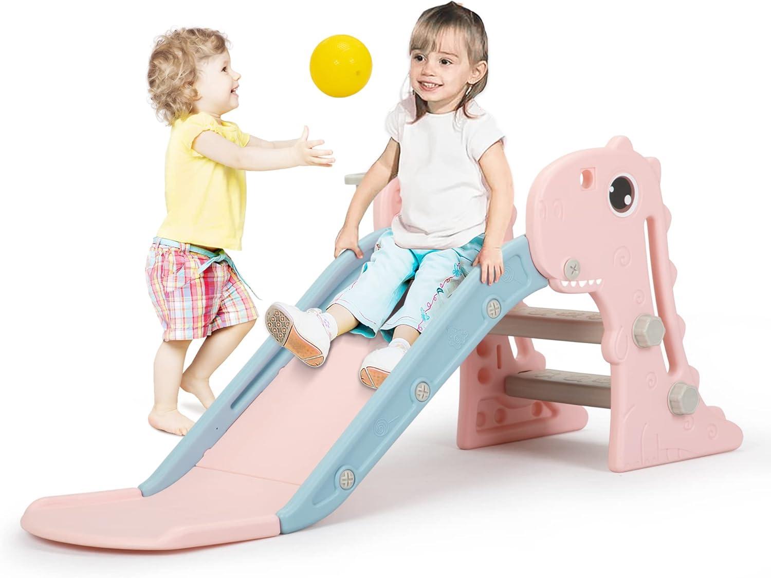 Nyeekoy 3 in 1 Foldable Toddler Large Slide w/ Climbing Ladder, Basketball Hoop, Indoor Outdoor Freestanding Playground for Kids