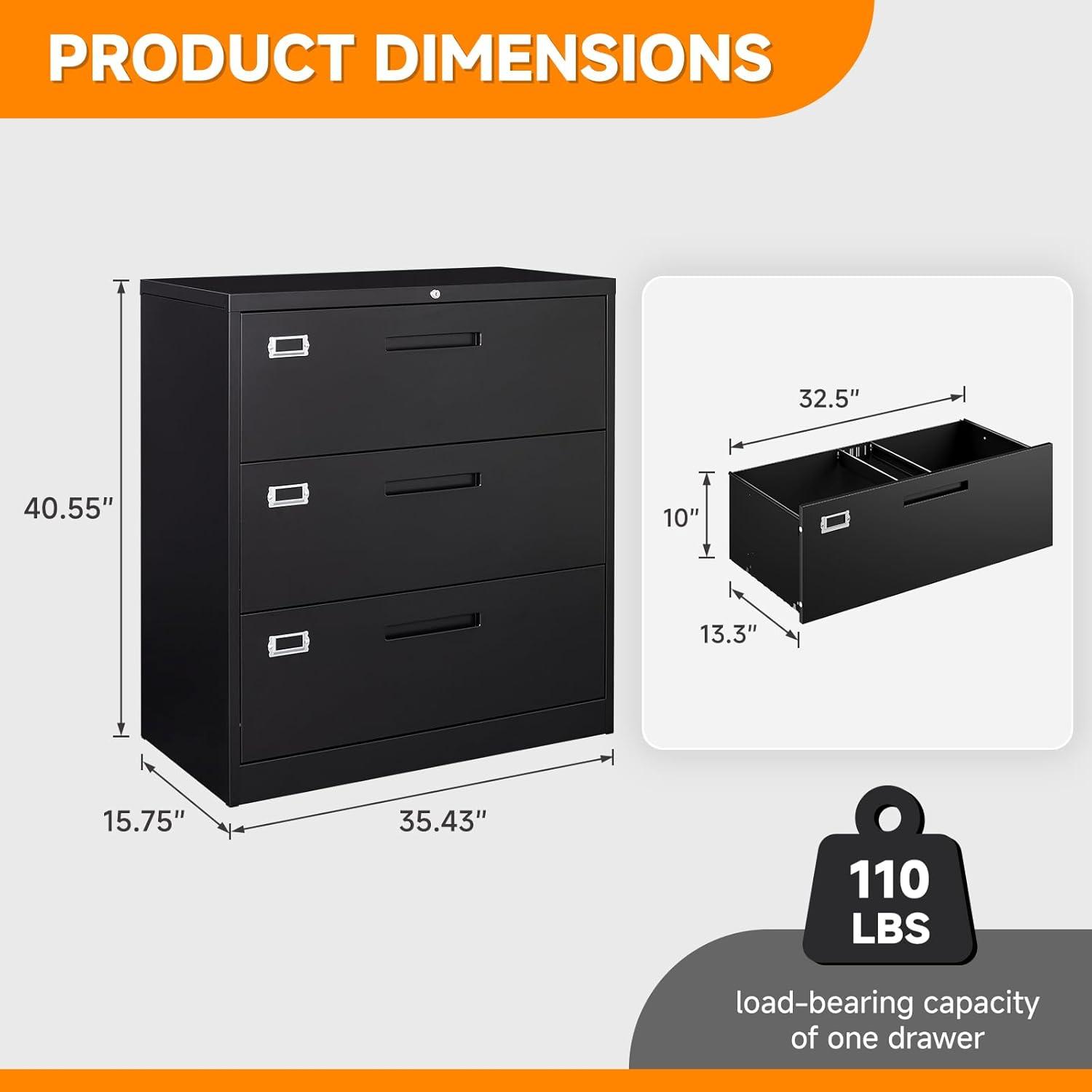MIIIKO Lateral File Cabinet with Lock, 3 Drawer Lateral Filing Cabinet, Large Deep Drawers Locked by Keys, Metal Storage File Cabinet for Hanging Files Letter/Legal/F4/A4 Size