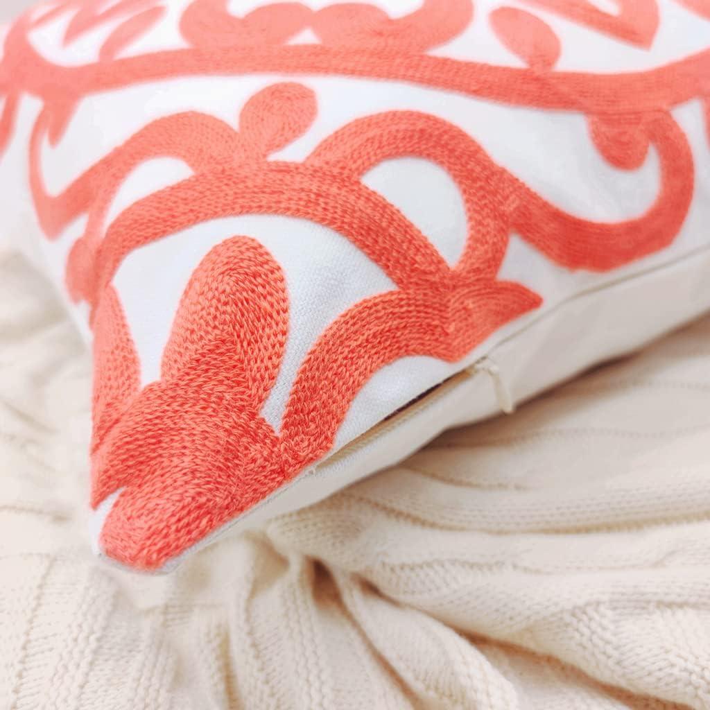 Coral Peach Embroidered Cotton Boho Euro Throw Pillow Covers