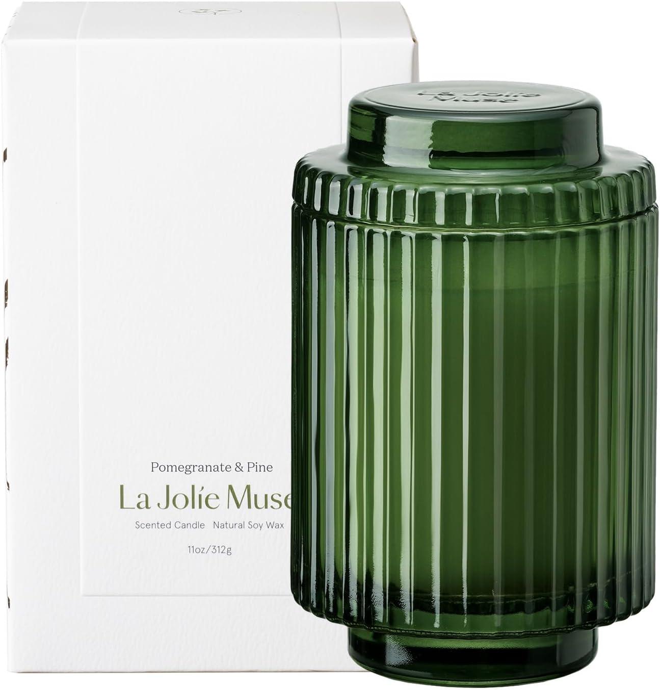 Pomegranate & Pine Green Ribbed Glass Soy Candle, 11oz