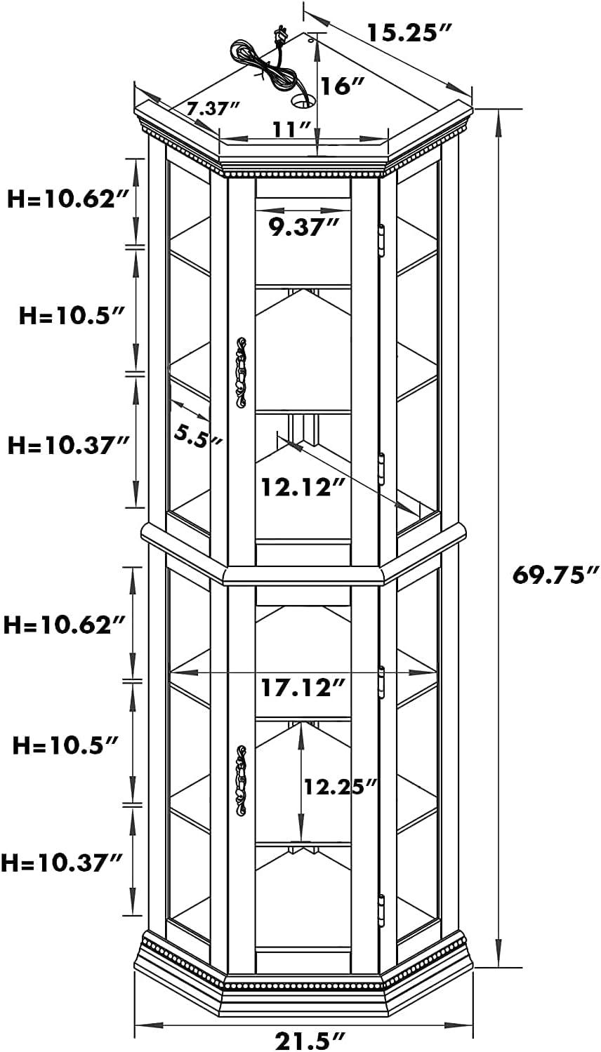Walnut Corner Lighted Curio Cabinet with Glass Shelves