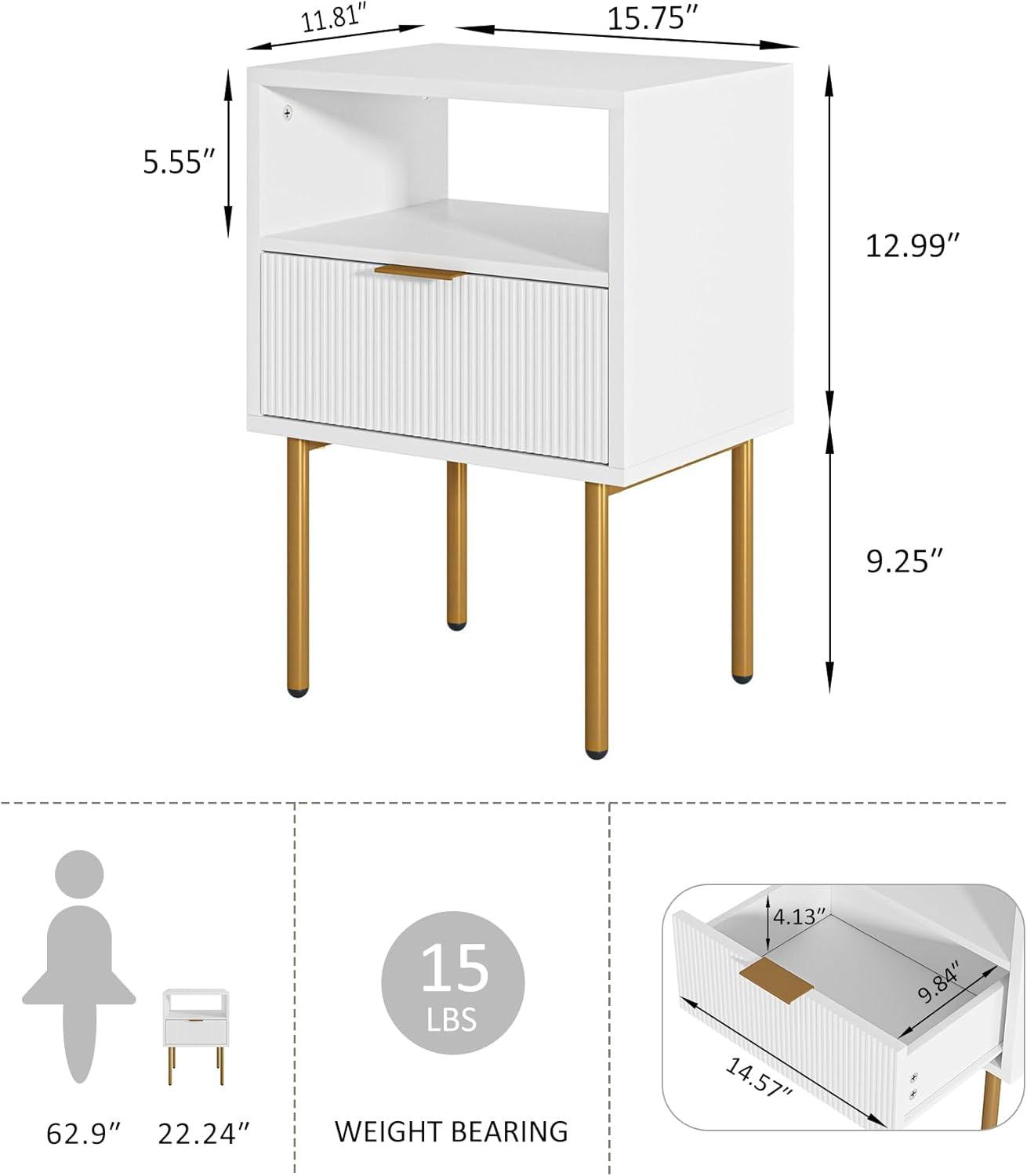 White and Gold Modern Nightstand with Drawer and Shelf