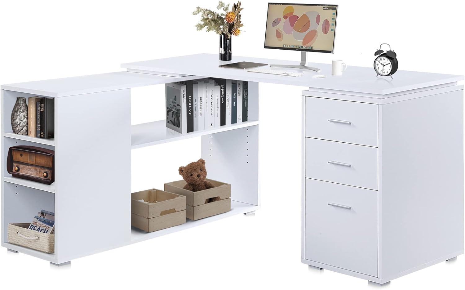 BELLEZE Trition L Shaped Computer Desk Home Office Corner Desk With Open Shelves And Drawers, White