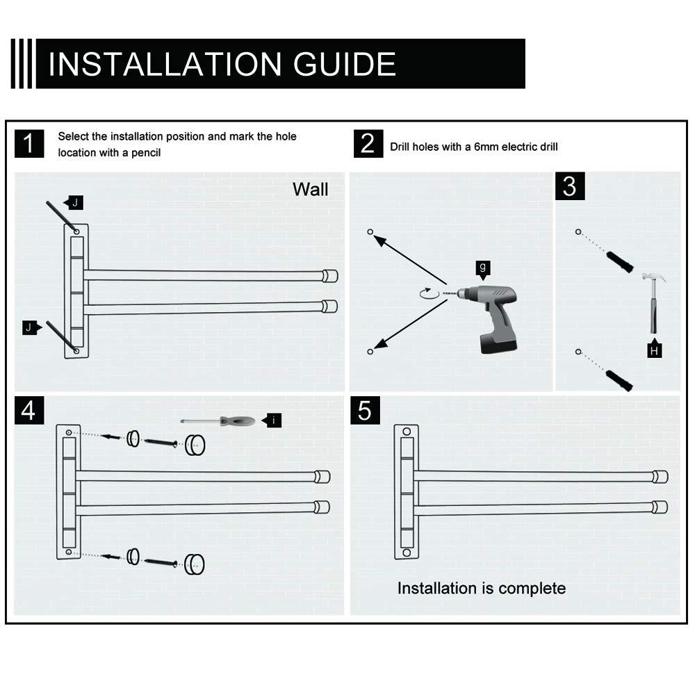 Stainless Steel Swing Out Towel Bar 2-Bar Folding Arm Swivel Hanger Bathroom Storage Organizer Rustproof Wall Mount Brushed Finish