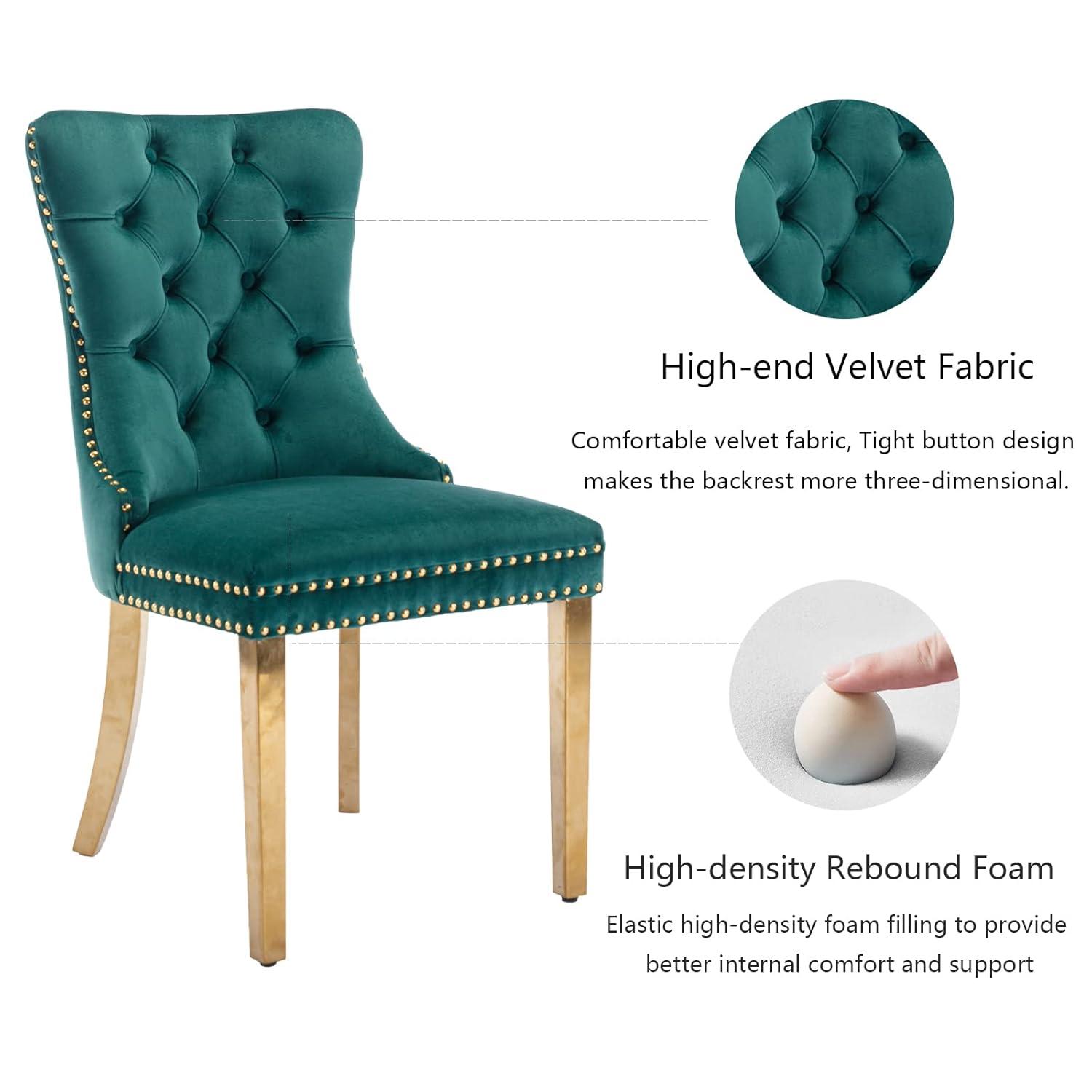 ODUSE-DAILY Green Velvet Dining Chairs Set of 4, Kitchen & Dining Room Chairs, Nailheads Tufted, Sillas De Comedor, Fabric Upholstered, Golden Metal Legs (Green, 4 Pcs)