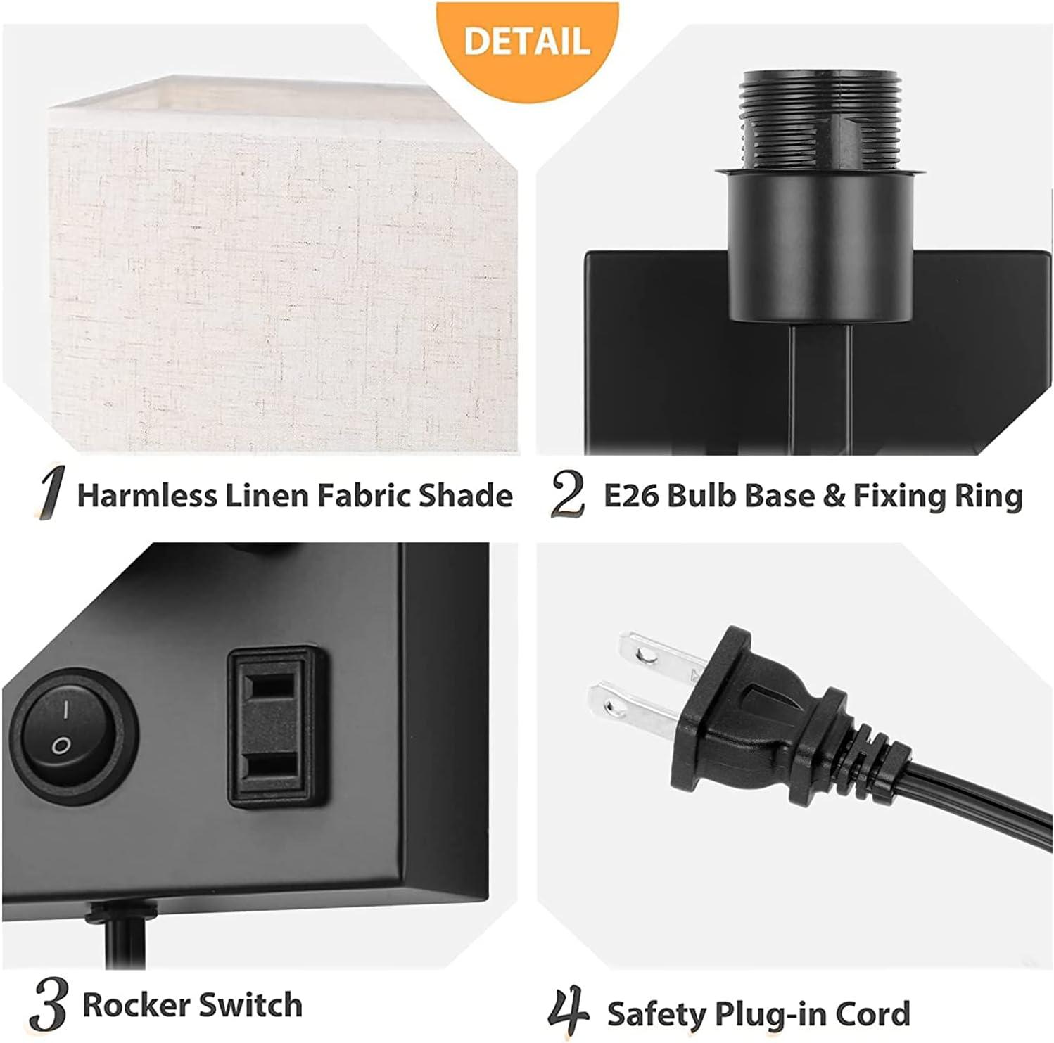 Black Linen Fabric Wall Sconce with USB and Outlet