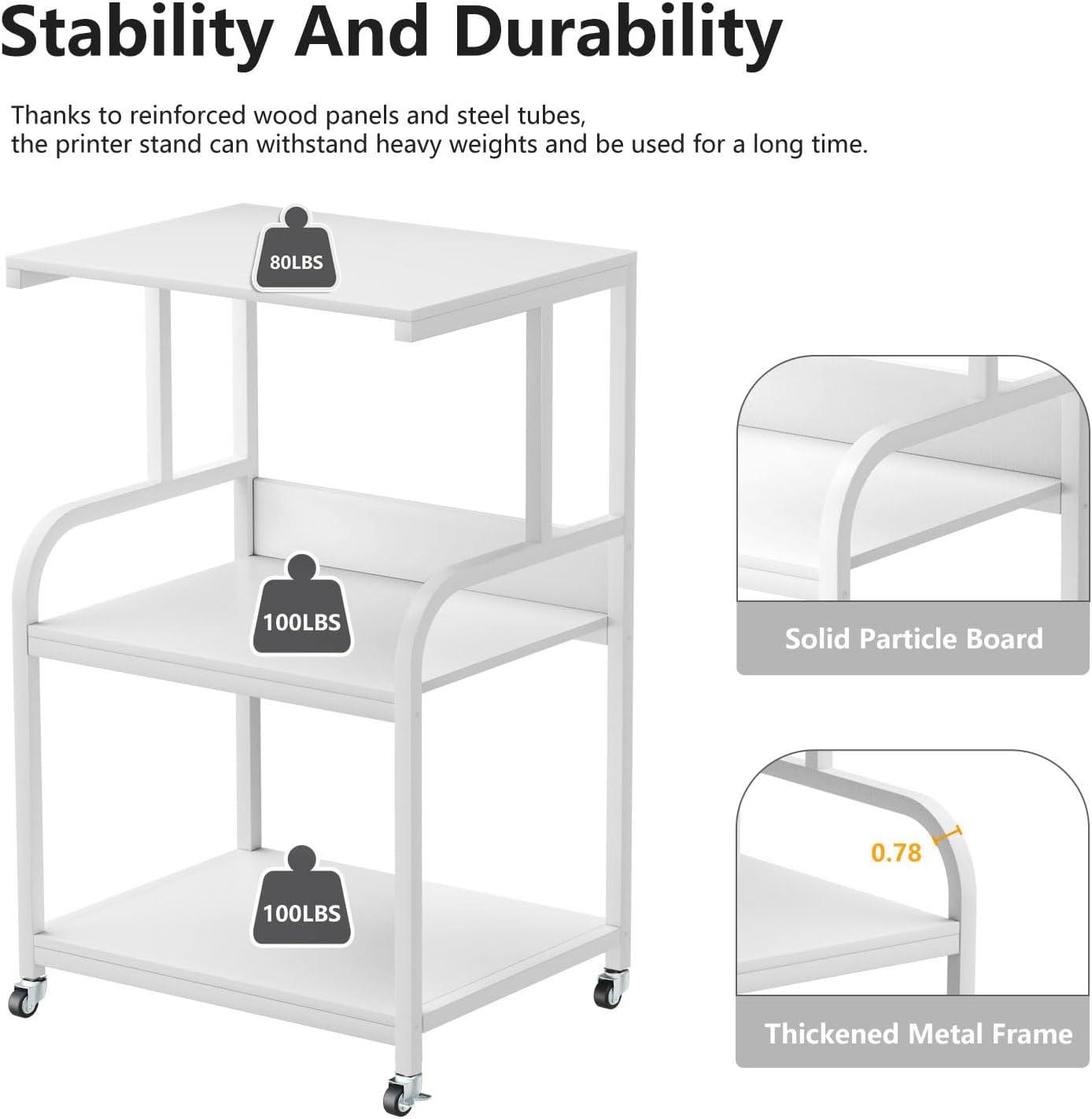 White Steel and Particle Board 3-Tier Rolling Printer Stand