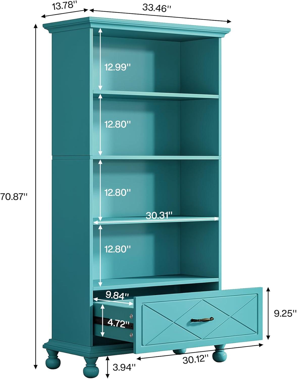 Ocean Blue 71-Inch 6-Shelf Bookcase with Drawer and Solid Wood Legs