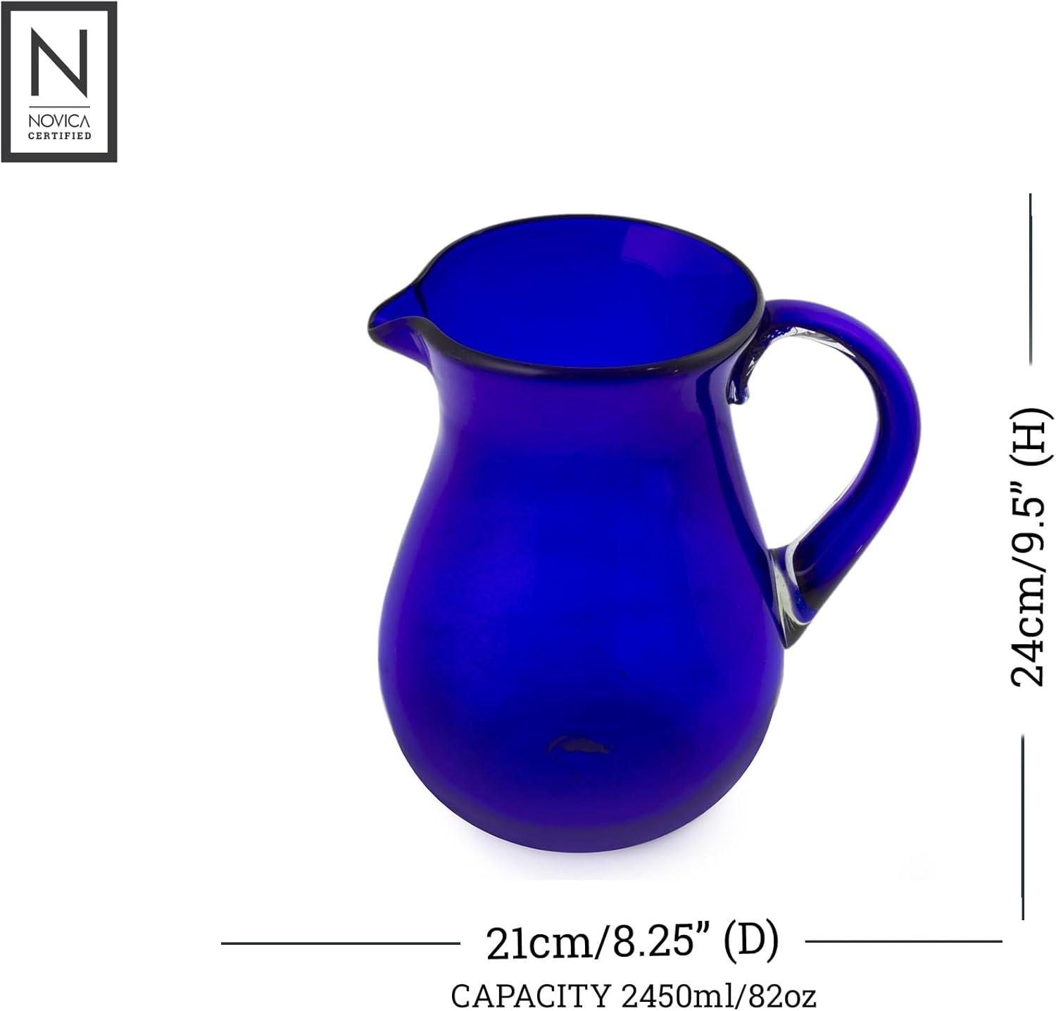 NOVICA Large Blue Hand Blown Glass Pitcher For Water, Margaritas, Lemonade, 82 Oz, 'Cobalt Charm'