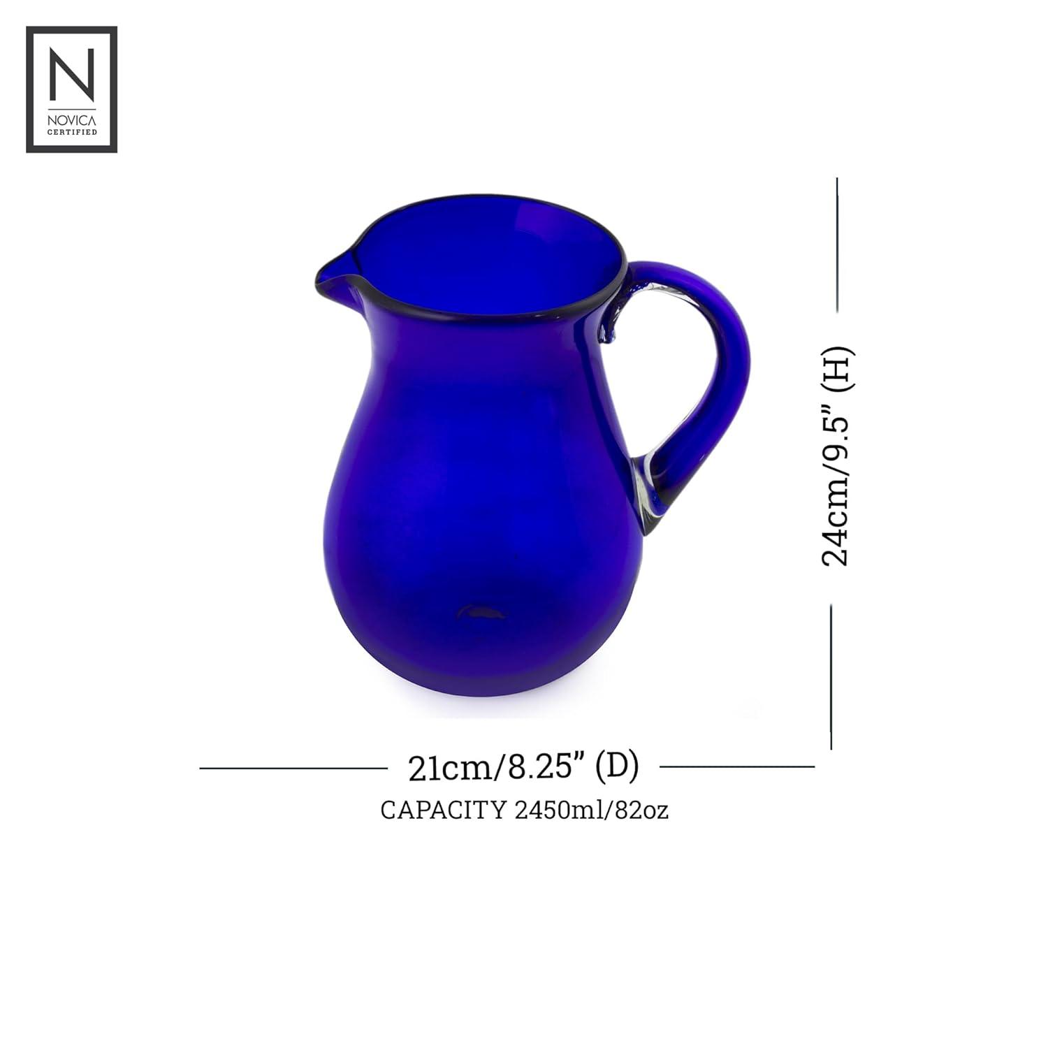 NOVICA Large Blue Hand Blown Glass Pitcher For Water, Margaritas, Lemonade, 82 Oz, 'Cobalt Charm'