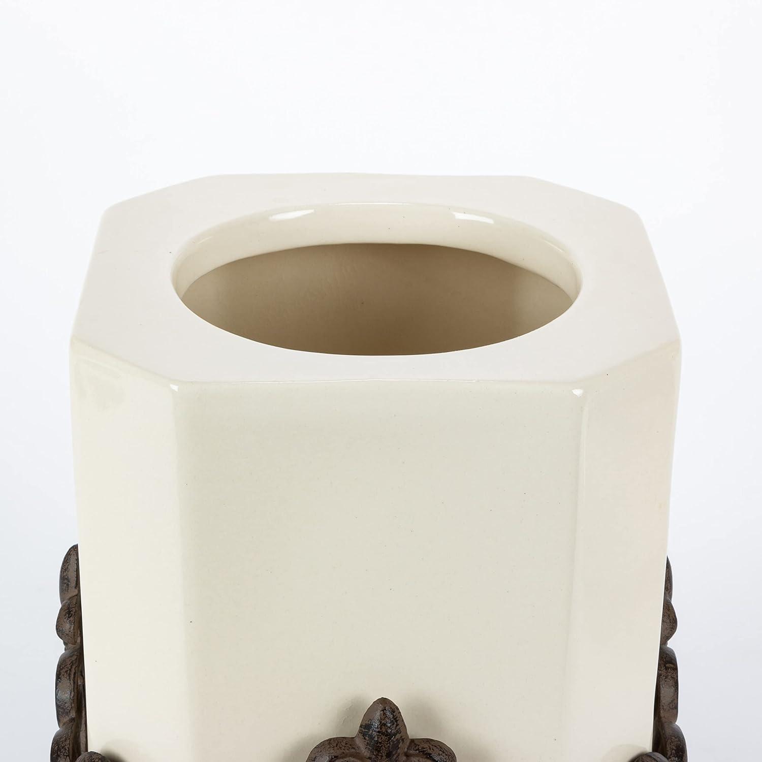 14-Inch Cream Ceramic Canister with Brown Metal Base