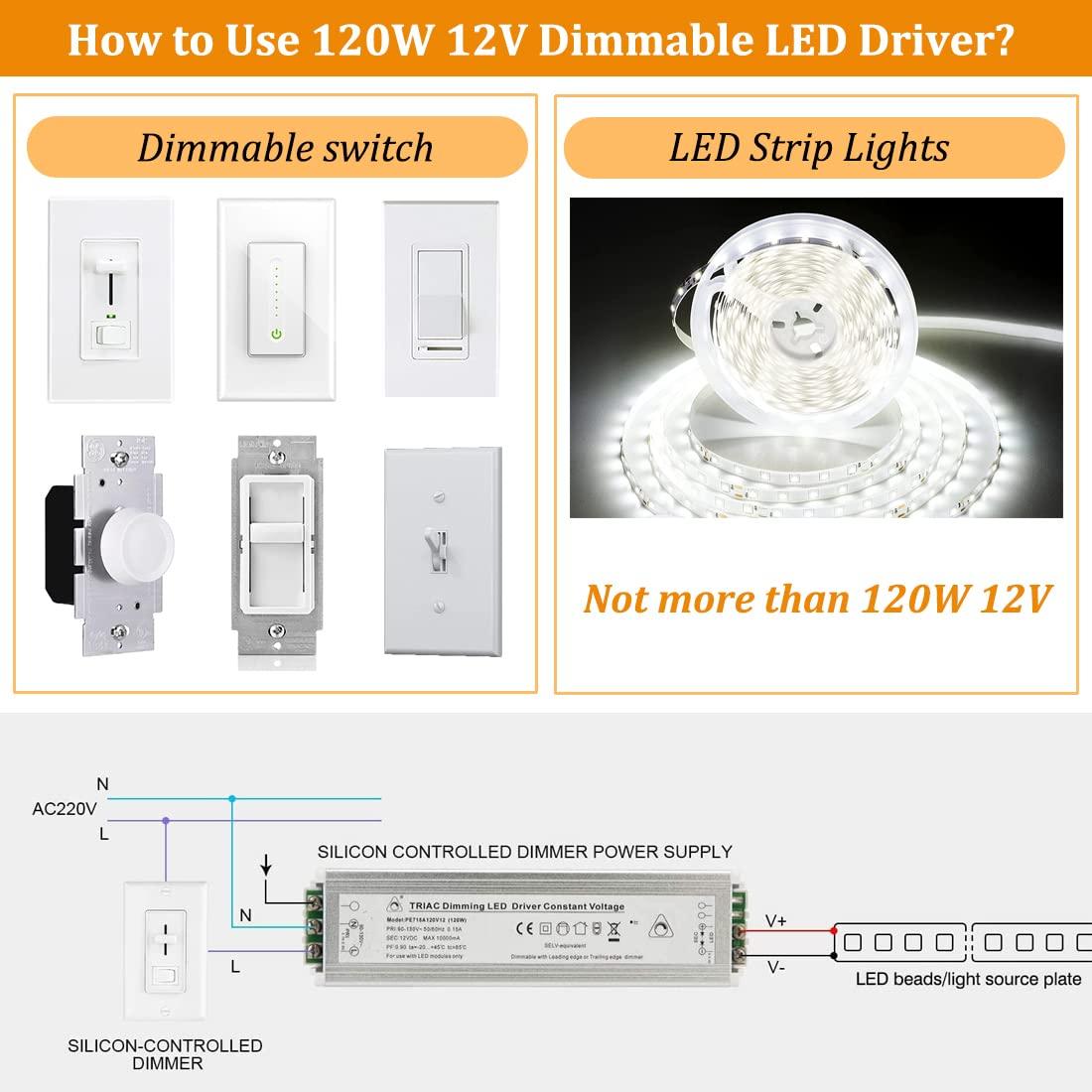 LED Dimmable Driver 120W 12V DC Quiet Operation Universal Regulated 12V Dimmable Power Supply Low Voltage Transformer for Constant LED Lights