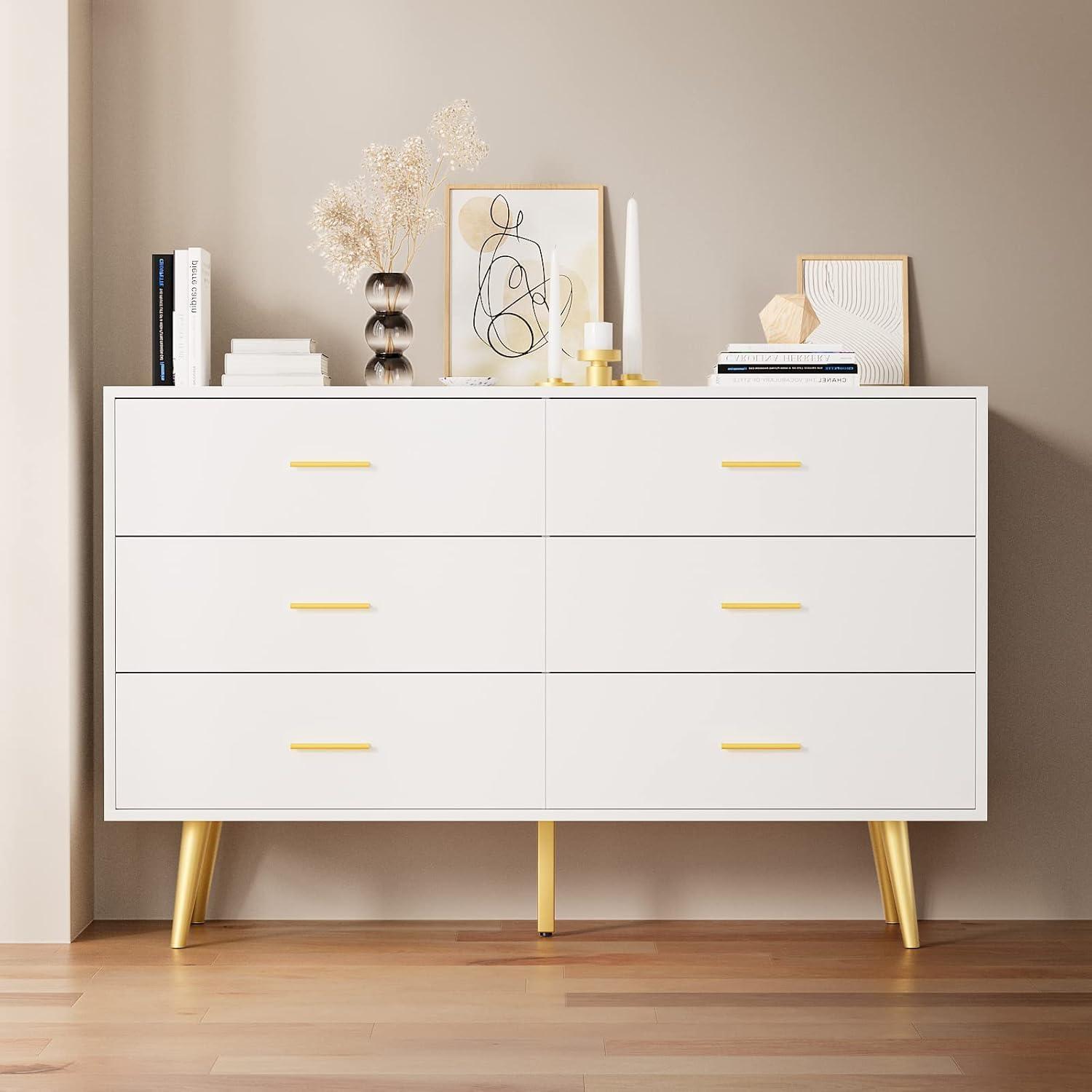 White Dresser with 6 Drawer for Bedroom,  RESOM Modern Chest with Golden Legs & Handles, Wooden Dressers for Living Room, Hallway, Nursery