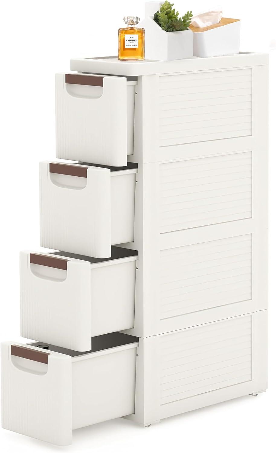 Rebrilliant Slim Plastic Rolling Storage Cabinet With 4 Drawers For Bathroom, Kitchen, Laundry - White